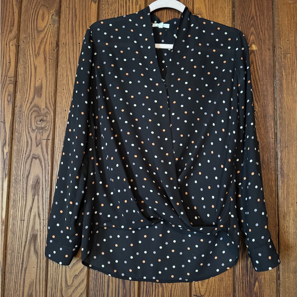 Pleione Black Polka Dot Draped Front Blouse